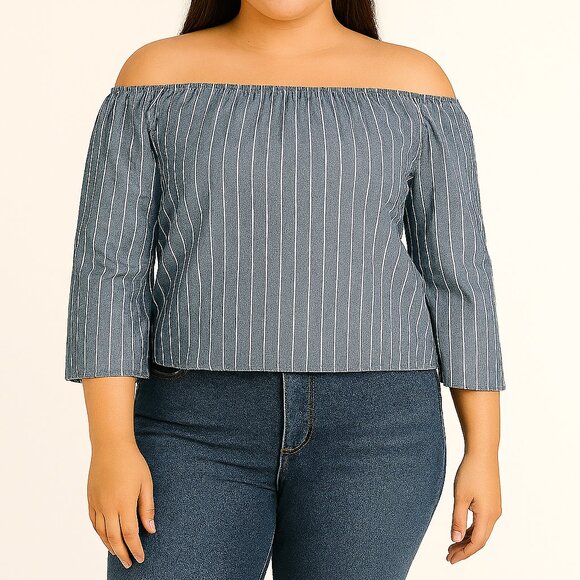 Blue with white tripes off shoulder blouse size L - Picture 1 of 1